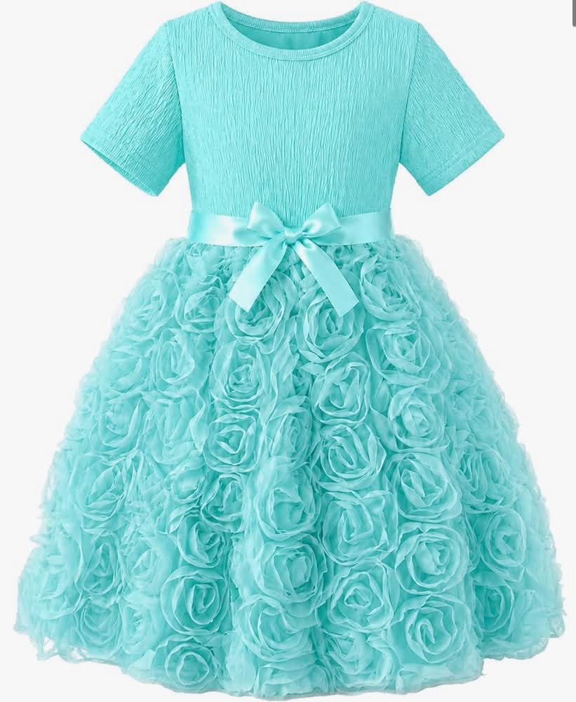 Girls Flower Dress Long Sleeve Rose Tulle Princess Party Dress with Satin Bow, Toddler Little Girls Birthday Wedding Occasion Dresses