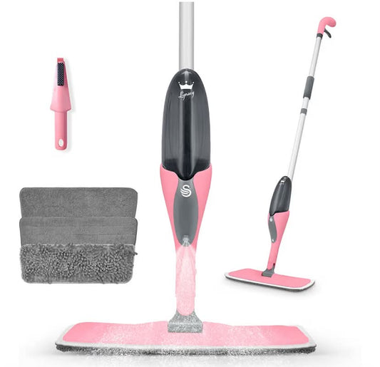 Spray Mop, Wet Mopping, Dry Dusting & Soft Abrasive Pad, Cleaning Tool and 500ml Anti-Leak Bottle, 180° Pivoting Neck for Floor Cleaning, Pink,