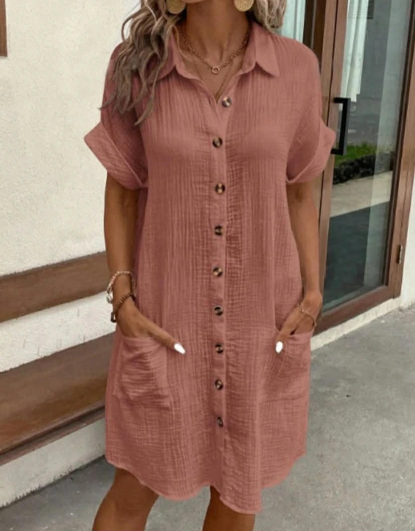 Linen Cotton Short Sleeve Shirt Dress Button Casual Dresses