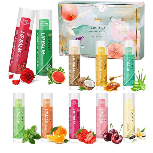10 PACK Lip Balm Set - Multi-Flavor Moisturizing & Nourishing Lip Care for Dry Lips with Shea Butter and Vitamins, Fruit Lipbalm for Girls Women Teens, Lip Care Gift Set for Daily Use and Gifting