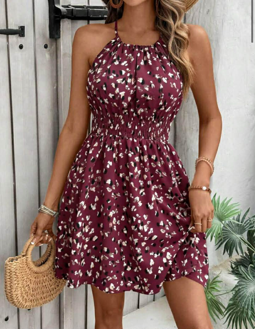 Full Print Vacation Casual Cinched Waist Halter Neck Dress