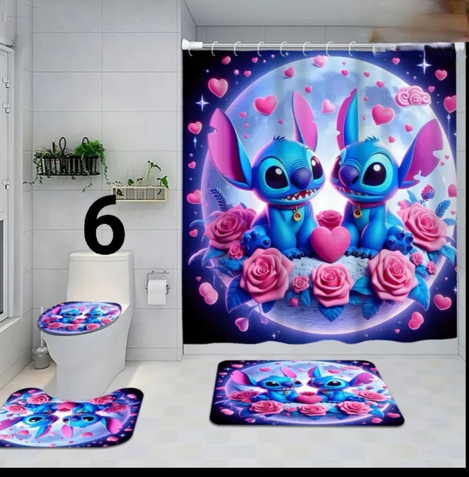 4 pcs Home Bathroom Shower Curtain And Mat Set Stitch Cute Moments -  Includes Shower Curtain, Toilet Lid Cover, Floor Mat And U-Shaped Mat  180.01X180.01Cm, with 12 Hooks