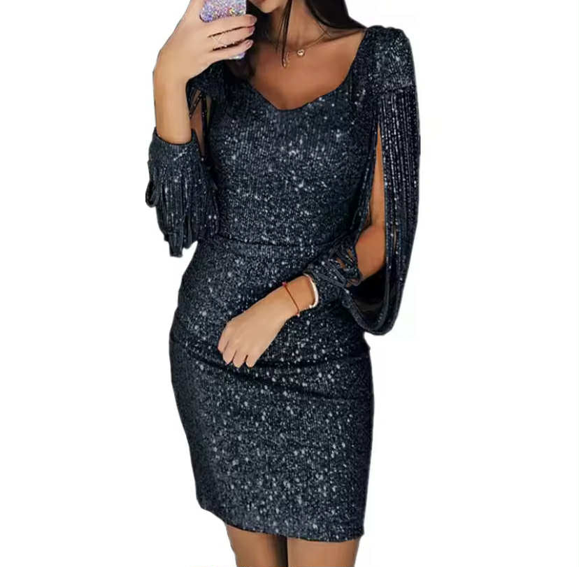 Plus Size Dresses for Women Elegant Long Sleeve Sequin Mini Dresses