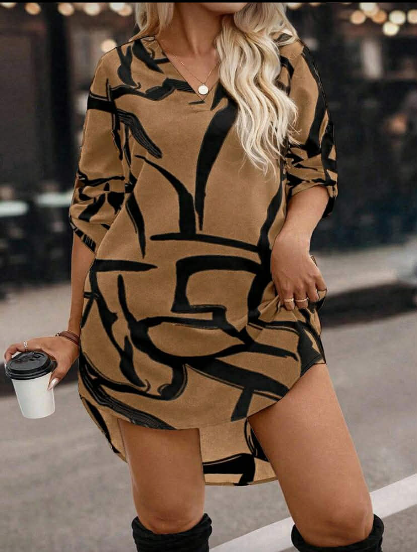EMERY ROSE Large-Sized Woven Printed Casual Vacation Autumn Dress Geometric Print Dress Graphic Dress Black And White Dress Women Geometric Dress Short Dress Women Dress Casual Dress