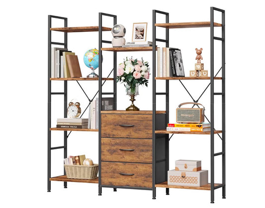 100W x142Hcm Tall Bookcase with 3 Fabric Drawers, 4 Tier Book Shelf Unit, 100cm Wide and Large Bookshelf Storage Unit for Living Room Garden Bedroom Home, Industrial Wood Open Shelves Display
