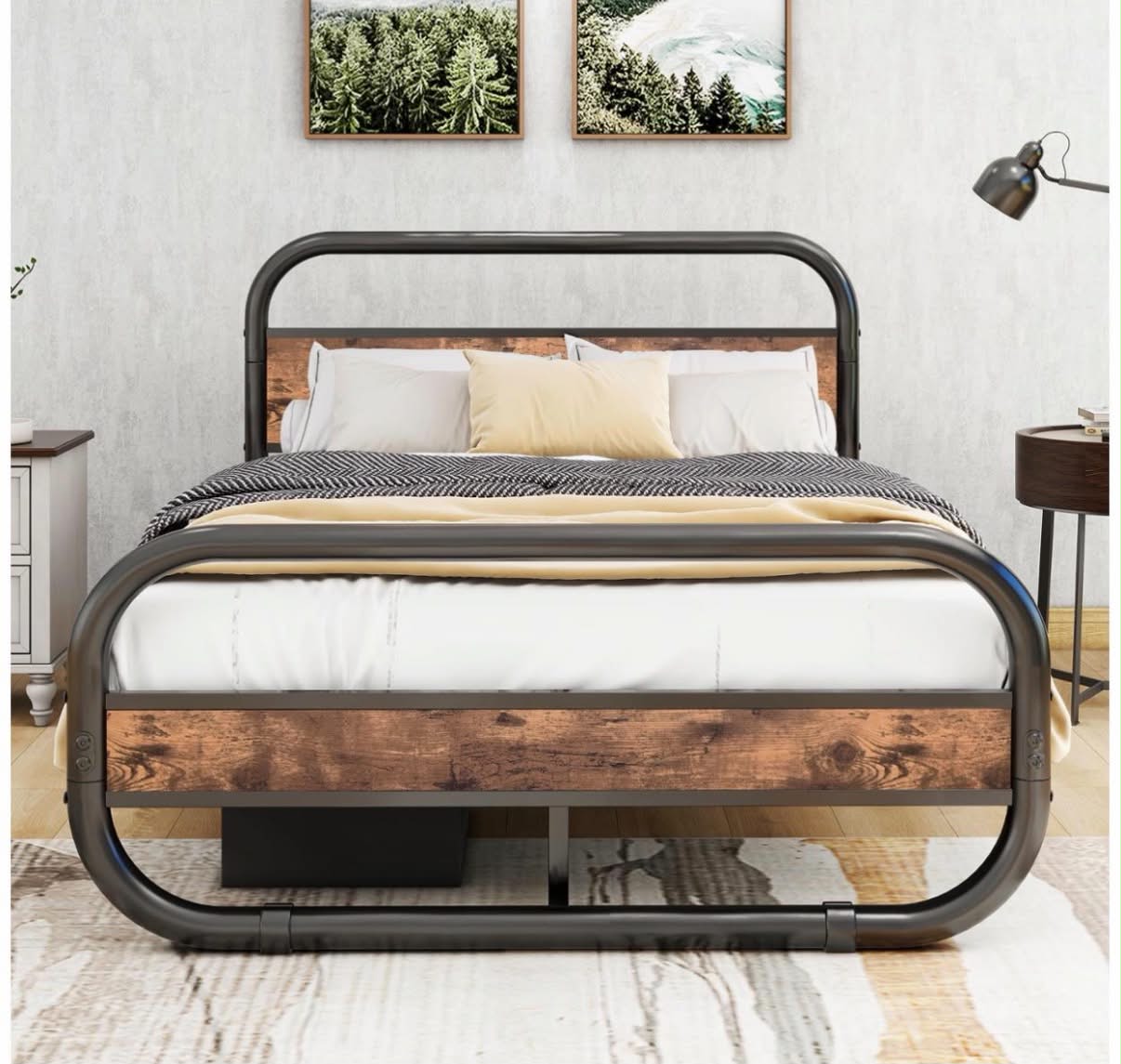 King Size Bed Frame with Headboard,Oval-Shaped Platform Bed with Under-Bed Storage,Steel Slats Mattress Foundation Round Pipe Design,Brown or black