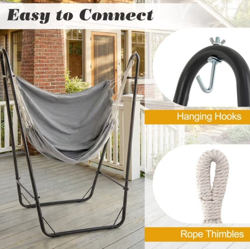 Heavy-duty Hammock Chair w/ Stand, Swing Chair w/Sturdy Metal Frame, Storage Pocket, Quality Fabric, No Beam Design, Indoor Outdoor Hanging Chair for Living Room, Patio, Yard,