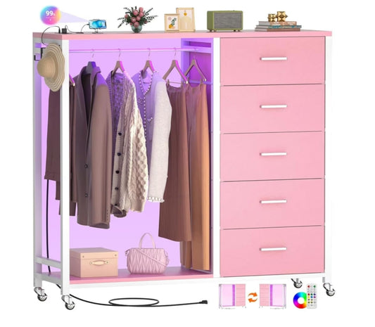 2 in 1 Chest of Drawers, Dresser for Bedroom,5 Fabric Drawers Dresser with LED Lights & Charging Station,Open Wardrobe with Clothes Rack,