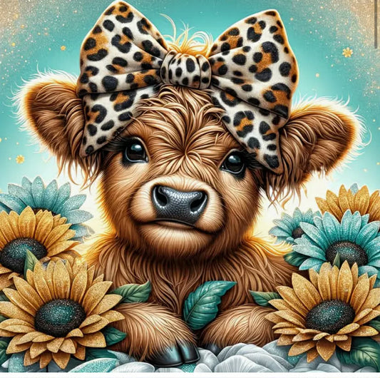 One set of frameless diamond paintings with playful cute cows wearing leopard print bows, 5D full-round design diamond painting art crafts, mosaic decorative wall art, DIY gifts