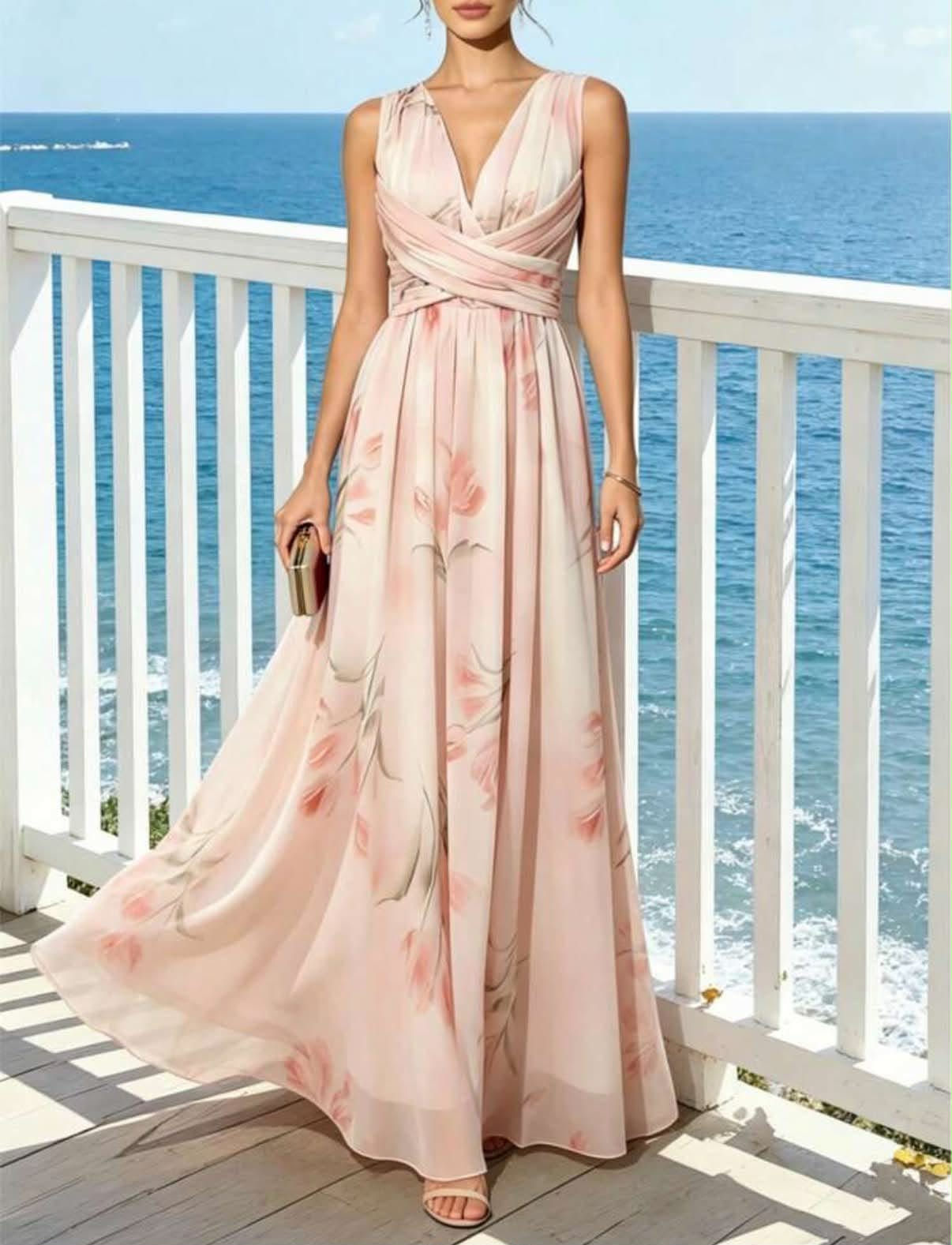 Women's Pink Floral Chiffon Sleeveless V-Neck A-Line Dress, Elegant