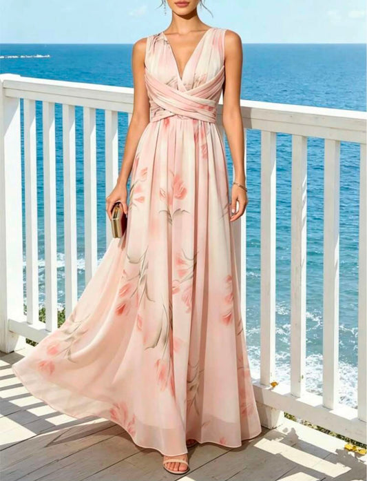 Women's Pink Floral Chiffon Sleeveless V-Neck A-Line Dress, Elegant