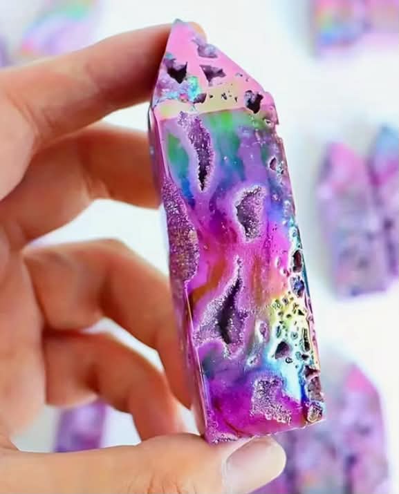 Purple 1 pc Halo-plated Quartz Tower with Four-sided Colored Metallic Luster Pillars,