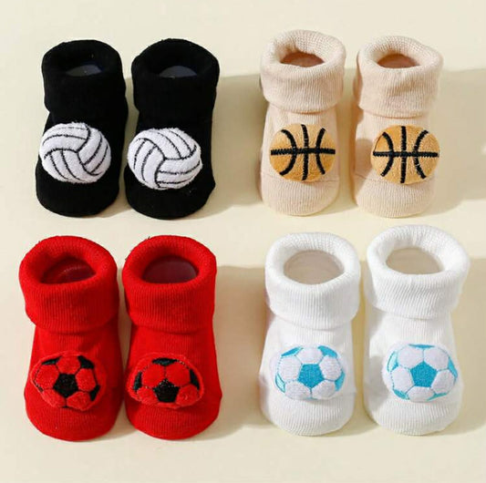 4 pairs Baby Football & Rugby Themed Sports Ankle Socks, Suitable For Spring & Autumn