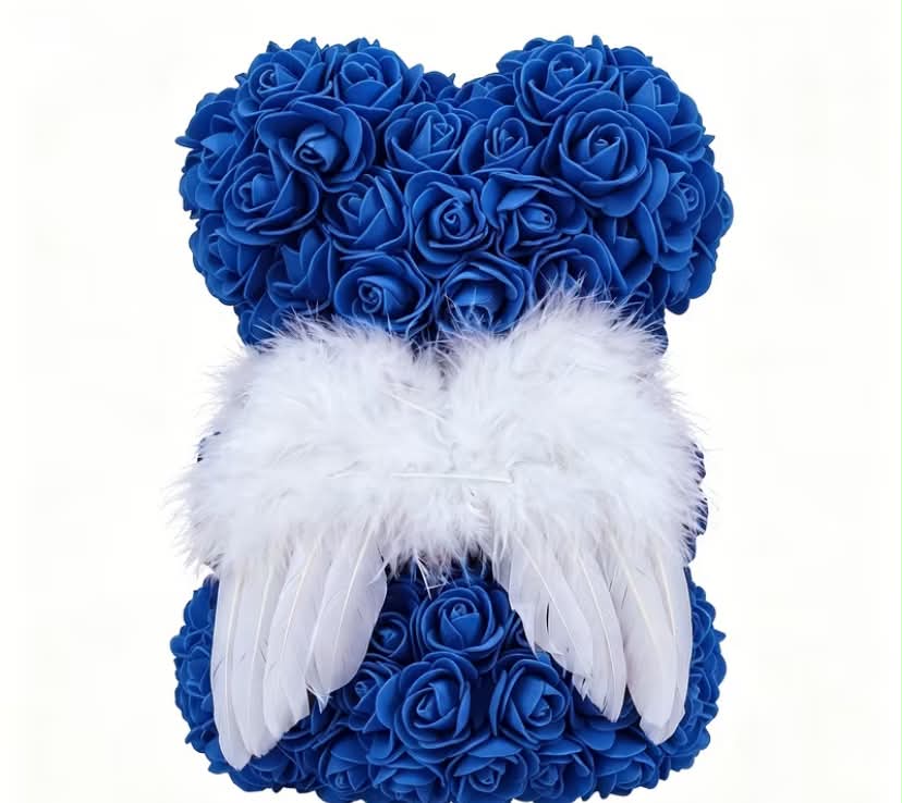 25cm Feathered Winged Rose Bear Ornament with PE Artificial Roses - Never-Wilting