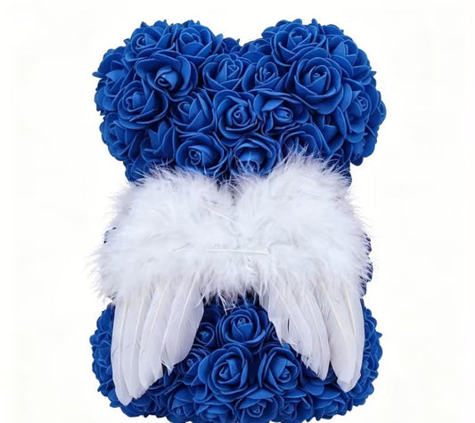 25cm Feathered Winged Rose Bear Ornament with PE Artificial Roses - Never-Wilting