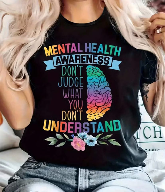 Plus Size Short Sleeve T-Shirt Featuring a Rainbow Brain Design, Promoting Mental Health Awareness. This Comfortable Casual Top Is Perfect for Curvy Women