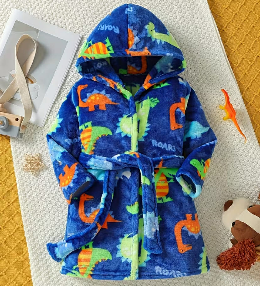 Boy Dinosaur Stuffed Flannel Bathrobe with Cap and Belt, Flame-retardant Fabric, Cartoon Home Outfit (passed Flame Retardancy Test)