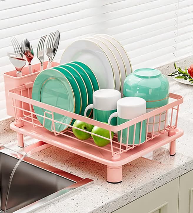 Dish Drainer Rack with Drip Tray&Utensil Holder,Space Saving Sink Dish Drainer with Drainage Spout,Pink