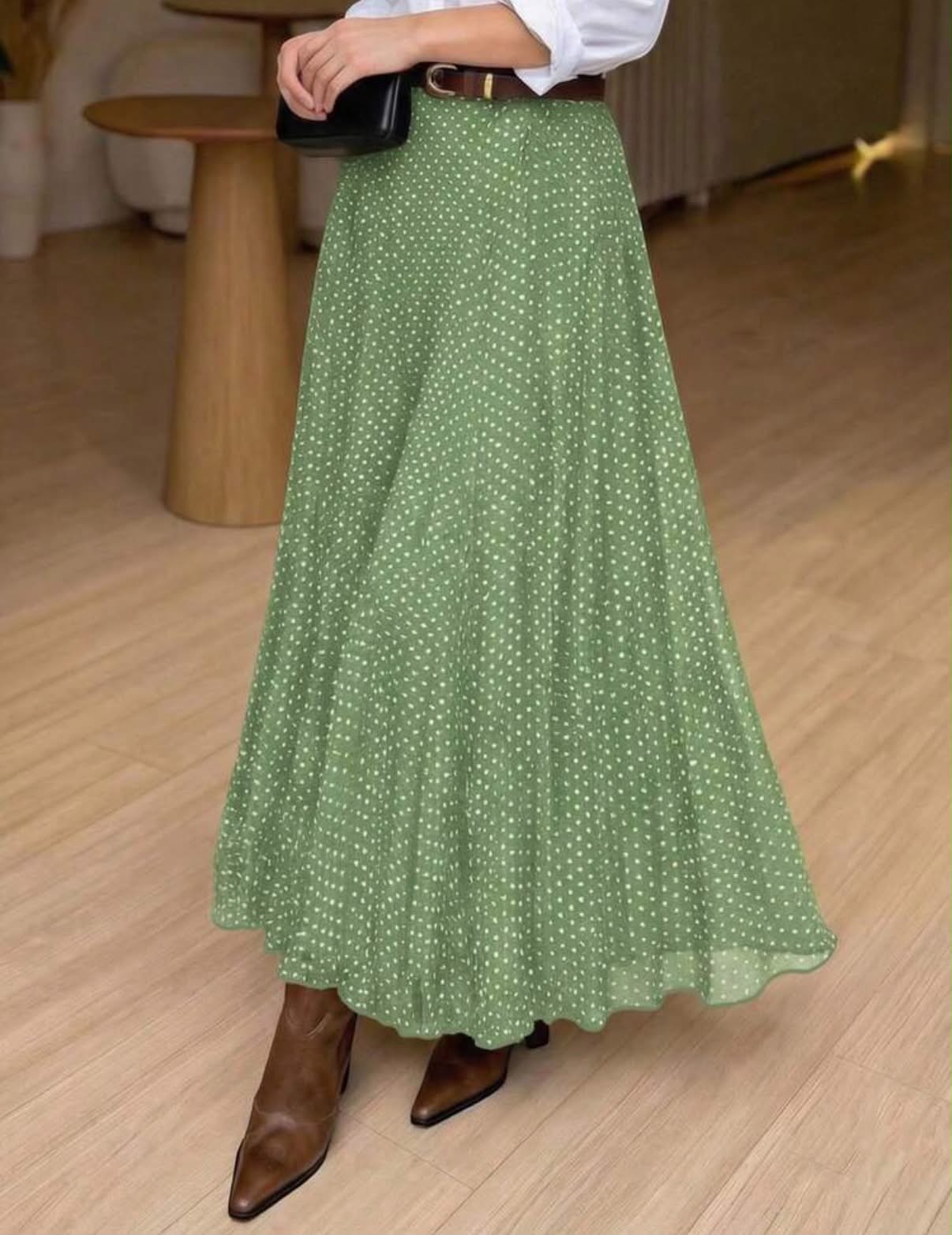 Women's Elegant Elastic Waist Green & White Polka Dot Pleated A-Line Skirt, Minimalist & Fashionable For Daily Commute Spring Vacation