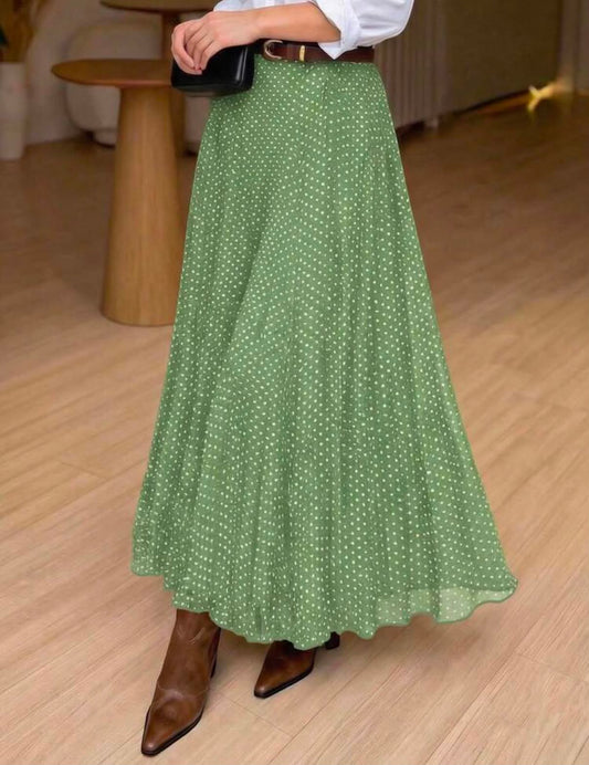 Women's Elegant Elastic Waist Green & White Polka Dot Pleated A-Line Skirt, Minimalist & Fashionable For Daily Commute Spring Vacation