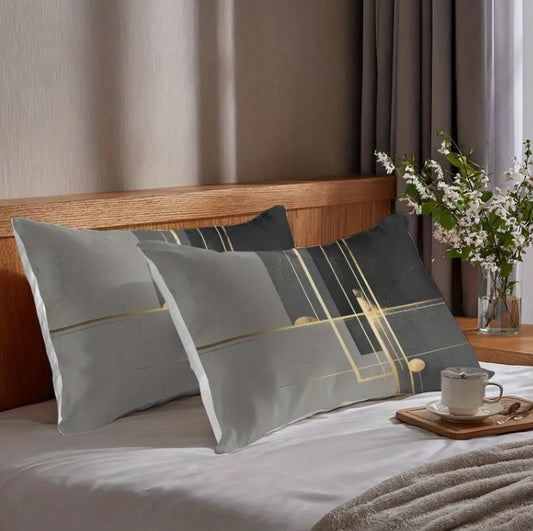 2 pcs Pillowcase Set, Black and Gray Base with Golden Lines and Polka Dots