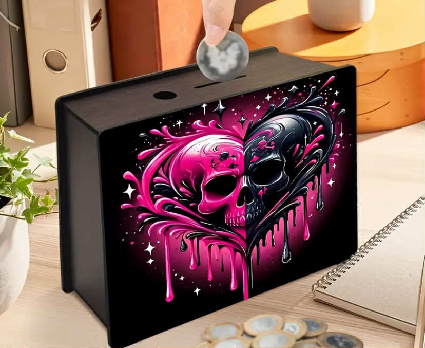 1 Handcrafted Wooden Skull Heart Theme Coin Bank