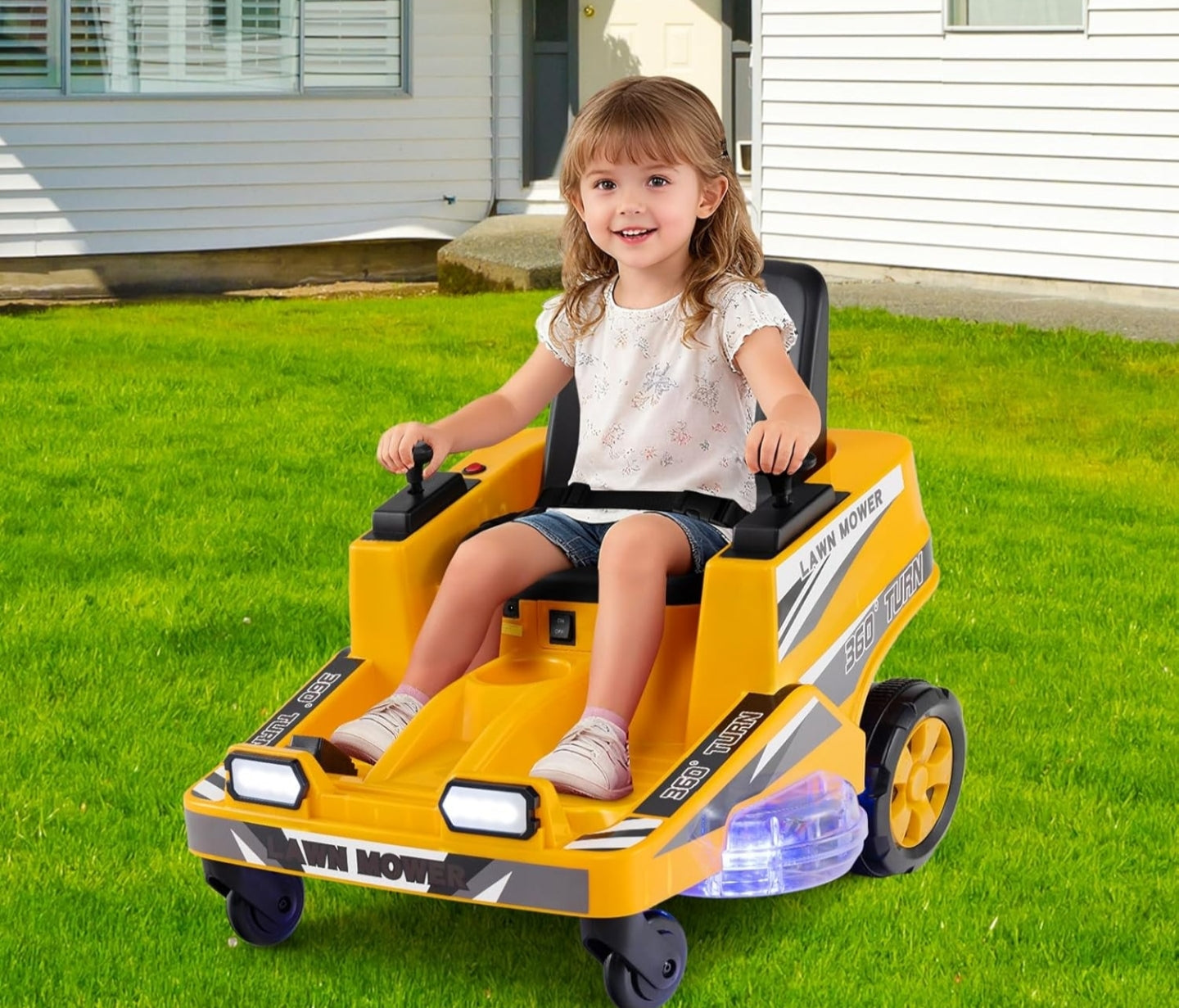 12 V Ride on Lawn Mower for Kids, 2 Motors Electric Car with 360° Twist and Turn, Dual Control Sticks, LED Lights, Outdoor Ride on Toy for 3-8 Years Old