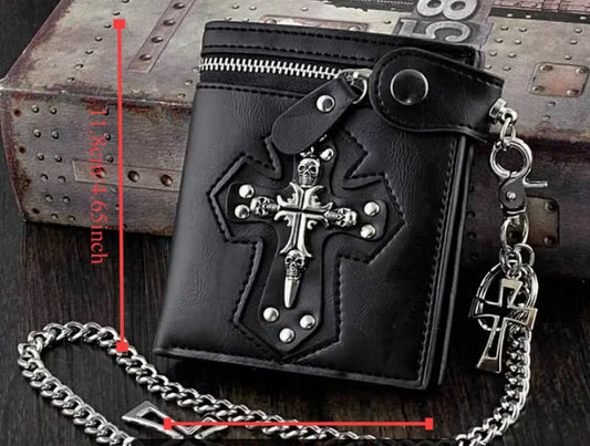 Gothic Leather Wallet] Black Faux Leather Men's Wallet - Gothic Style with Cross Clasp, Studded Detailing, Fancy Biker Chain, Adjustable Length, Compact Design (11.79cm x 10.29cm)