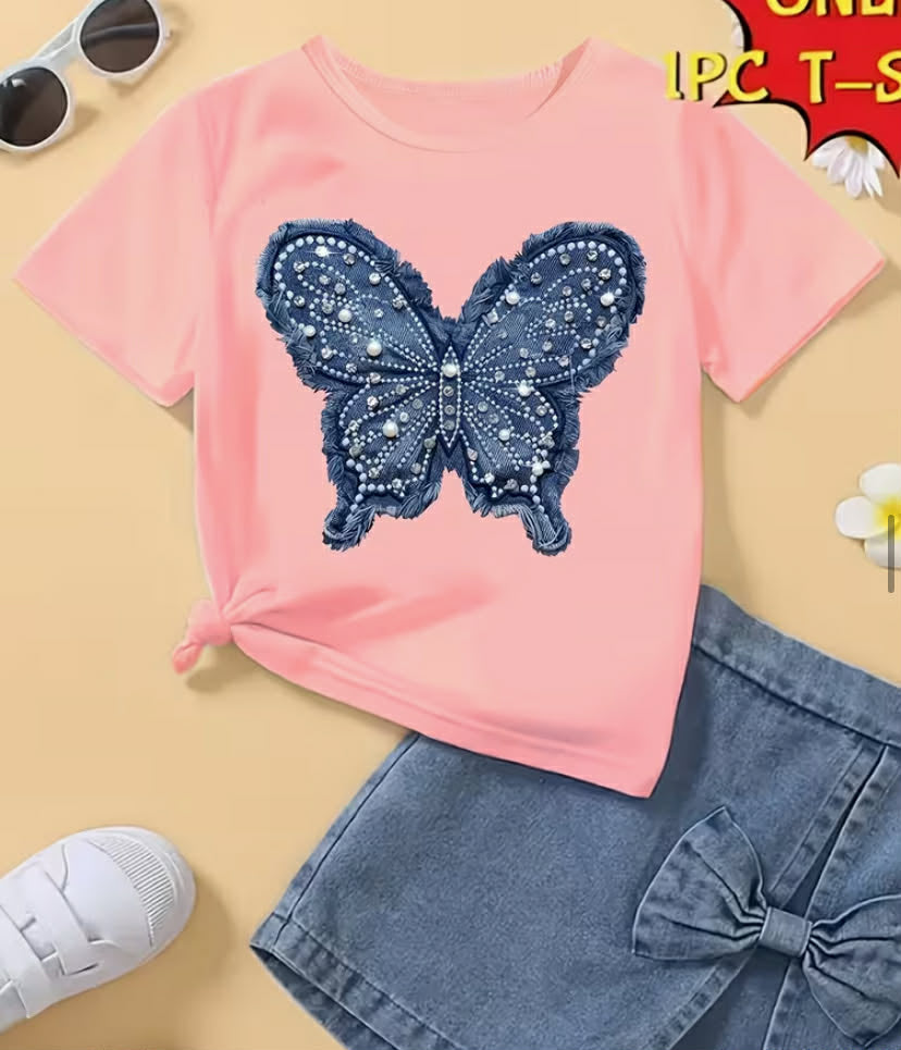 Short-Sleeve T-Shirt for Girls Featuring a Pearl Pattern And Butterfly Print, Made of Soft Fabric with a Round Neck.