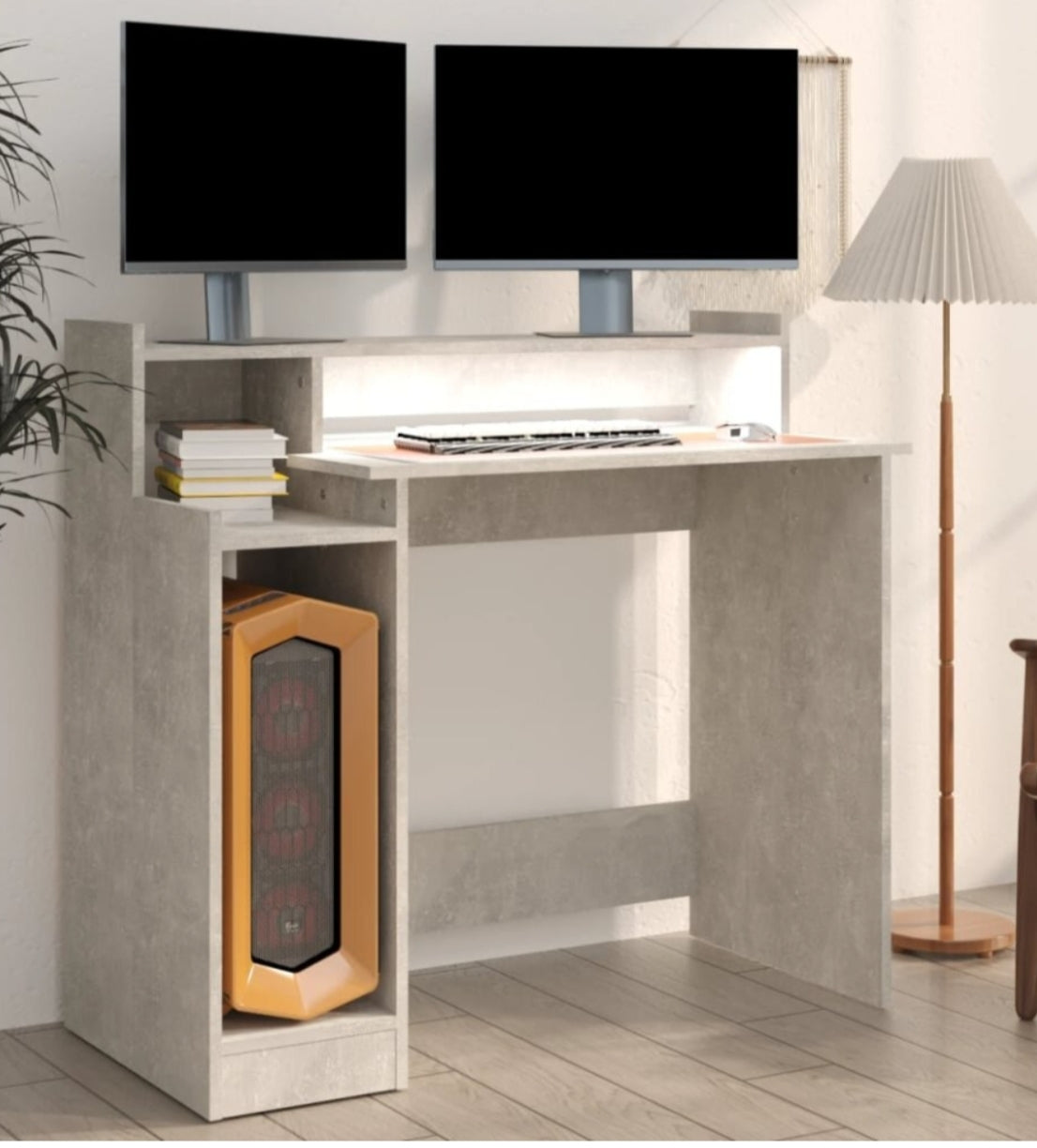 (Concrete grey) vidaXL Desk with LED Lights Computer Table Study Writing Desk Engineered Wood