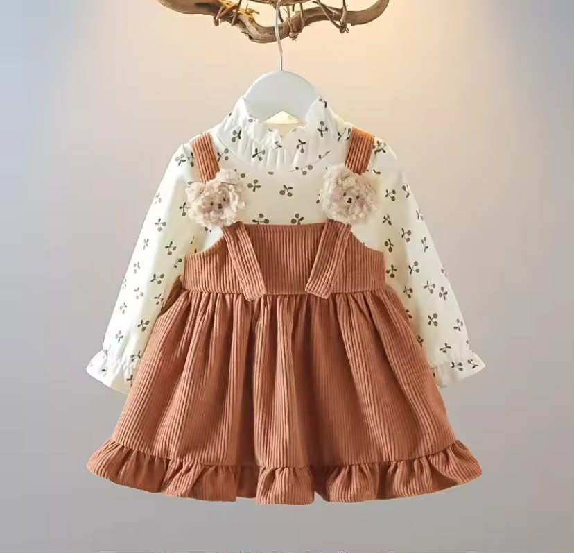 Spring Autumn Long Sleeve Pinafore Dress with Cute Cherry Bear Print