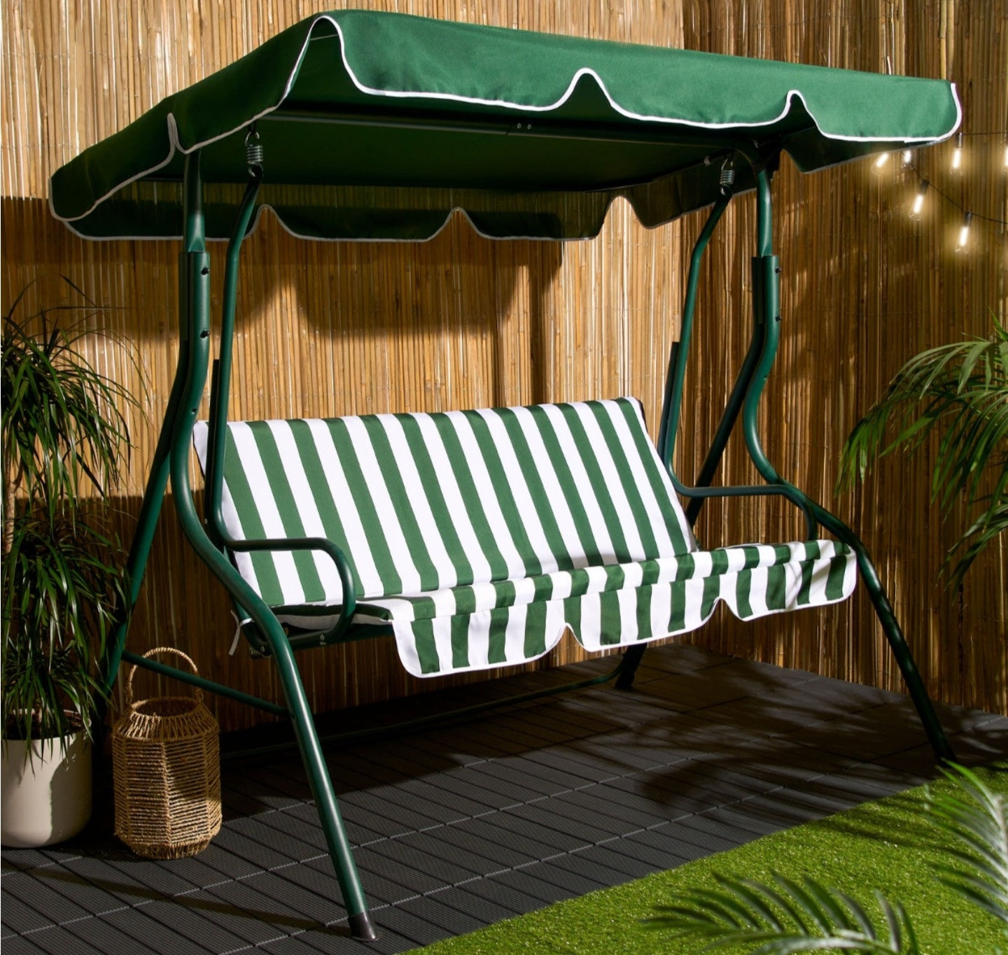 Seater Swing Bench With Canopy - Green/White Stripe