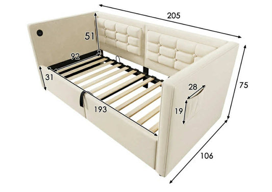 Daybed Upholstered Bed 3ft Single Sofa Bed with Storage, Velvet Beige, 90x190 cm