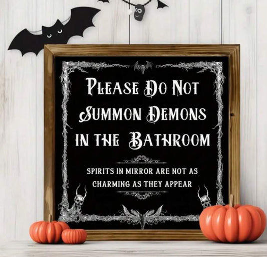 1 Pcs Vintage Fantasy Themed Square Wooden Wall Sign, "Do Not Summon Demons In The Bathroom", Artificial Wood  - Halloween Gift, 8x8 Inches
