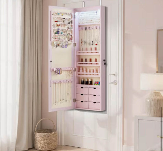 Lockable Mirror Jewelry Cabinet with 6 Drawers & 4 Shelves - Full-Length Mirror Door Armoire Suitable for &, Pink MDF Dresser Organizer (No Assembly), Jewelry Armoires
