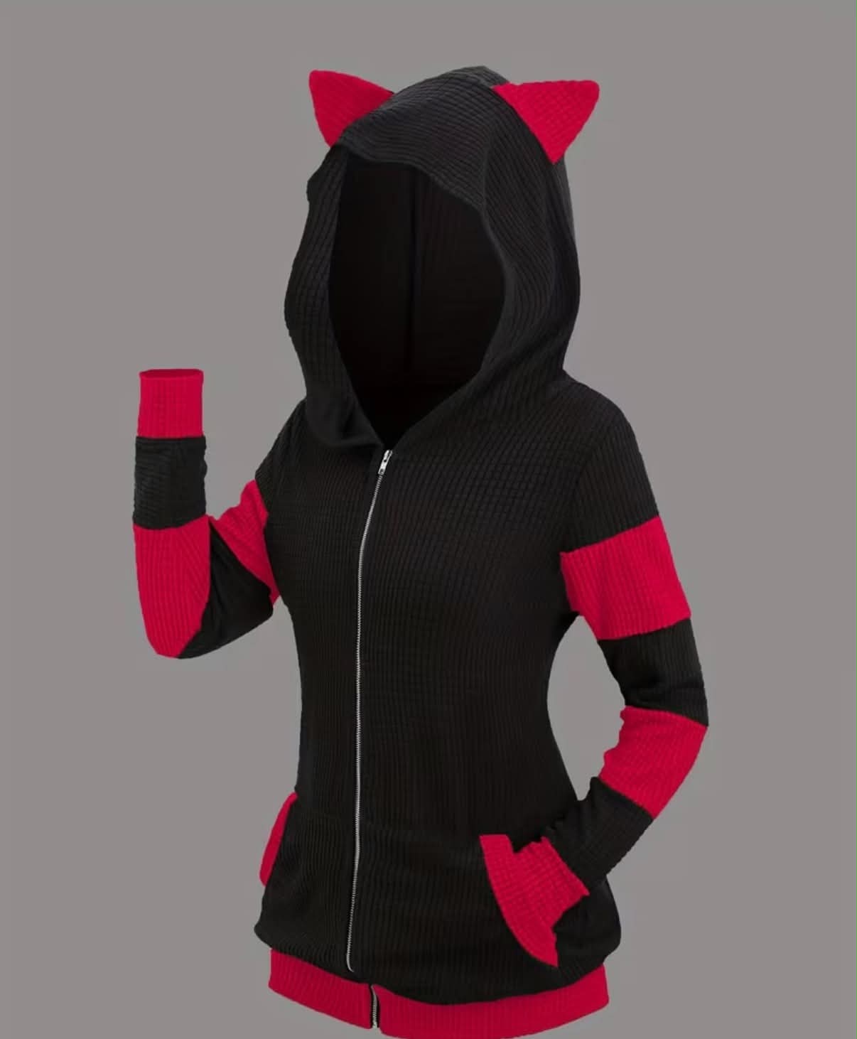 Thickened Cat Ear Mid-Length Color-Block Hooded Sweatshirt Jacket