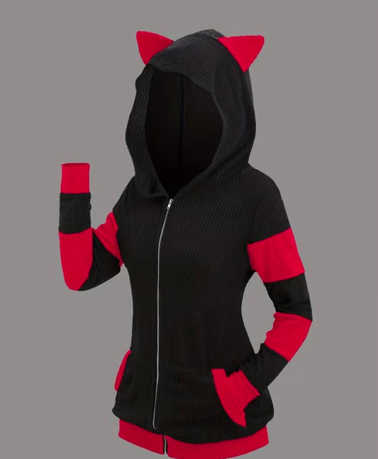 Thickened Cat Ear Mid-Length Color-Block Hooded Sweatshirt Jacket