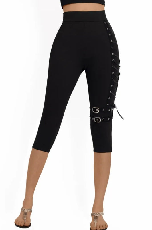Women'S Gothic Plus Size Tight Cropped Pants, Metal Decorative Buckle Metal Eyelet Crisscross Ribbon Tight Women'S Shorts