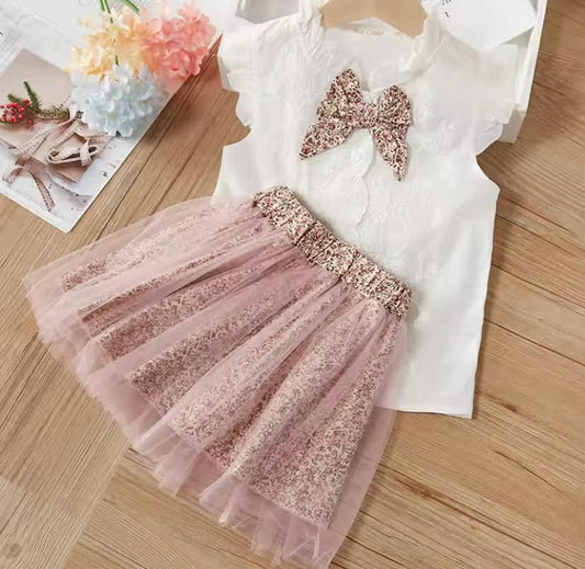 2 Pcs Suit Summer Floral Girls Clothing Sets White T-shirt Print Bow Skirt  Kids Clothing Sets