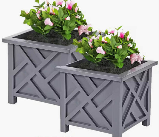 Taylor & Brown Set of 2 Lattice Design Planter Box  14.5-Inch Square Decorative Outdoor Flower or Plant Pot Container Polypropylene Front Porch, Patio, and Garden Decor
