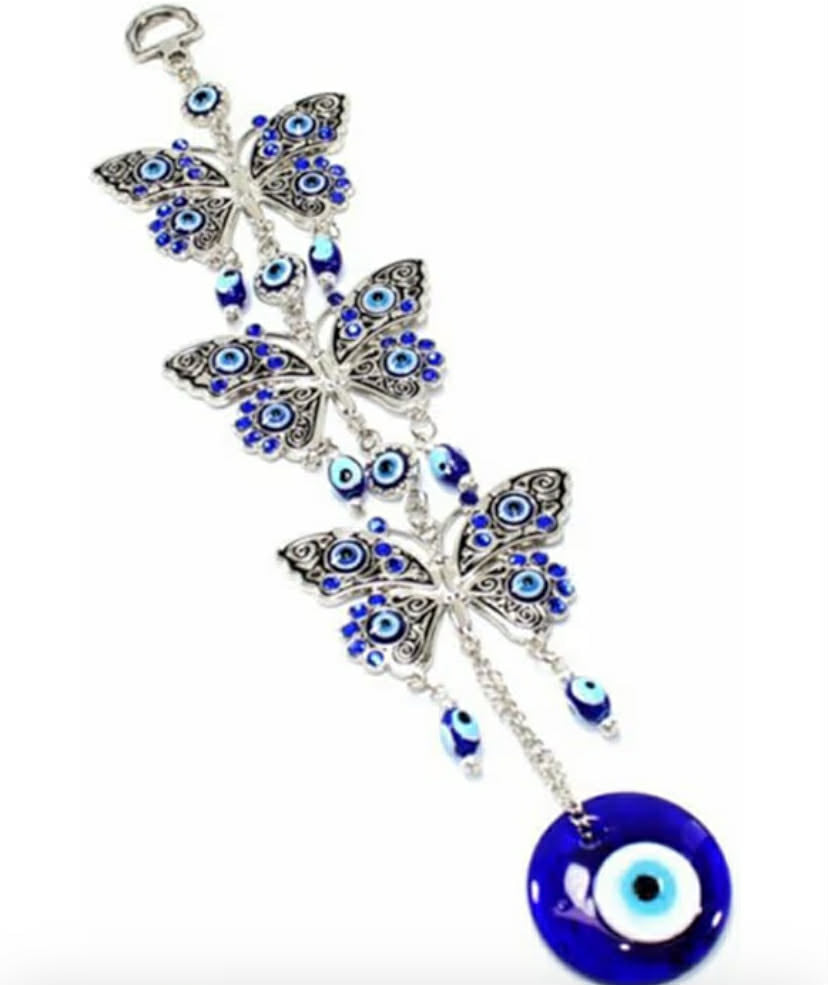 Turkish Blue Evil Eye Butterfly Wall Hanging Decoration Ornament (3 butterfly-flower)
