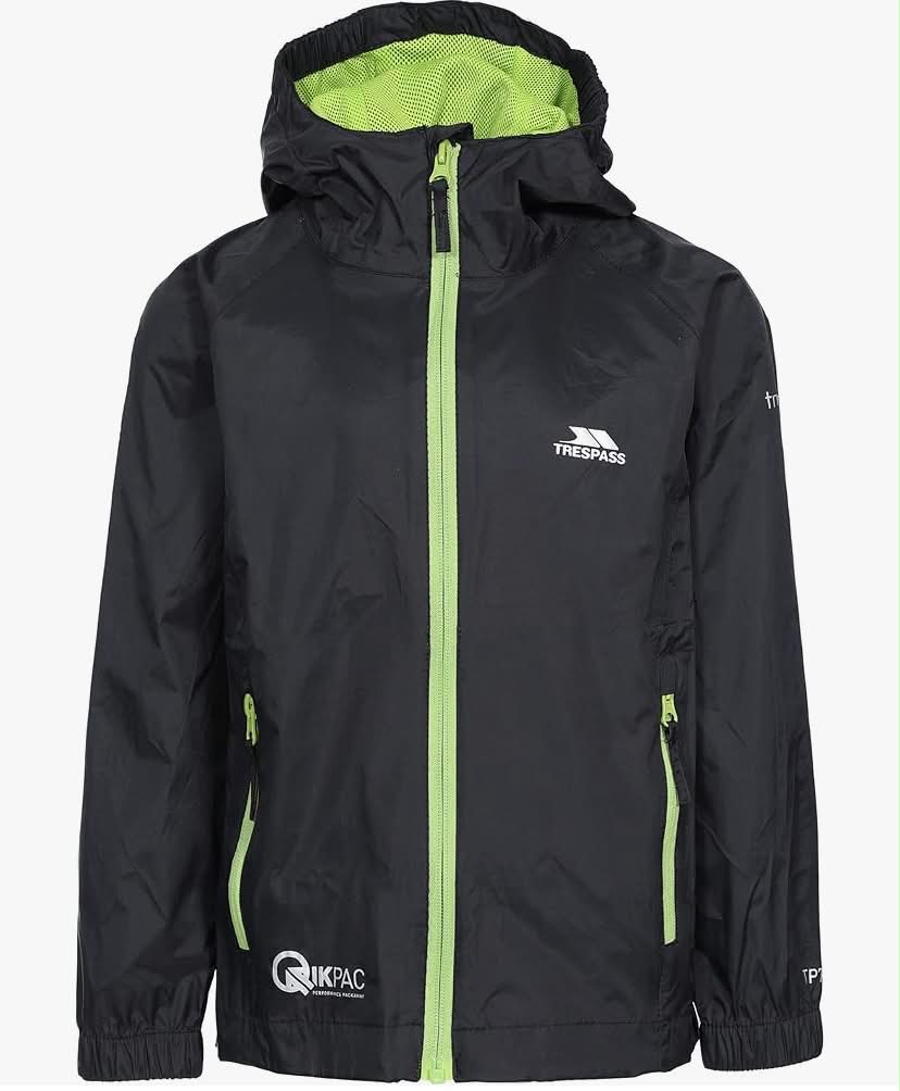 Trespass Kids Jacket Qikpac - Waterproof, Breathable, School Raincoat, 2 Zip Pockets, Full Zip,