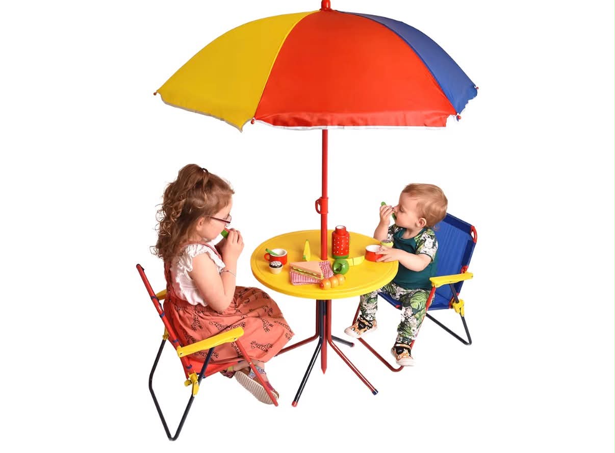 Kids Patio Set Multicoloured Childrens Garden Furniture - 2x Folding Chair, Collapsible Picnic Table, Folding Parasol - 4-Piece Kids Garden Table & Chairs