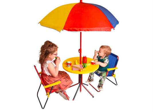 Kids Patio Set Multicoloured Childrens Garden Furniture - 2x Folding Chair, Collapsible Picnic Table, Folding Parasol - 4-Piece Kids Garden Table & Chairs