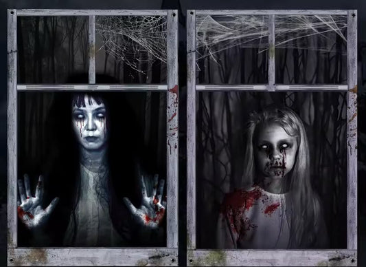 2 Pack Halloween Ghost Curtain Decorations - Female Ghost Window Cover for Indoor/Outdoor Party Decor