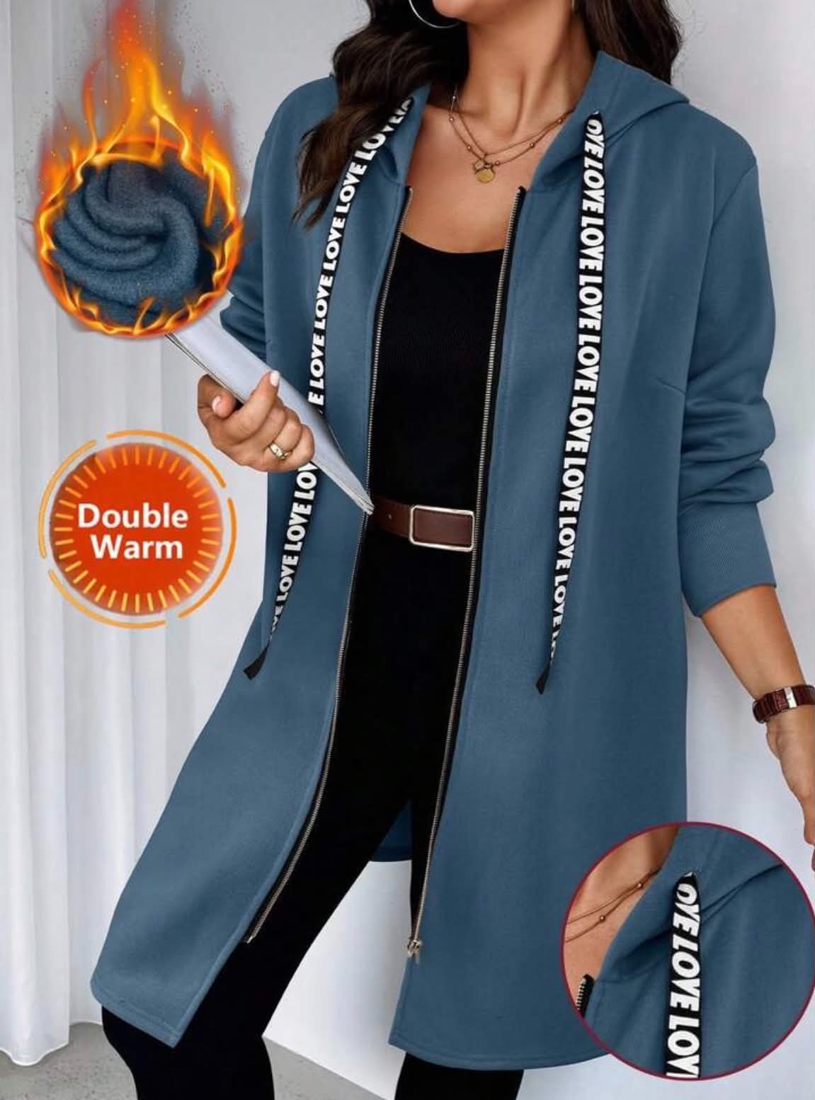 Plus Size Loose Casual Warm Long Zip-Up Hooded Sweatshirt Jacket, Suitable For Autumn/Winter Fall