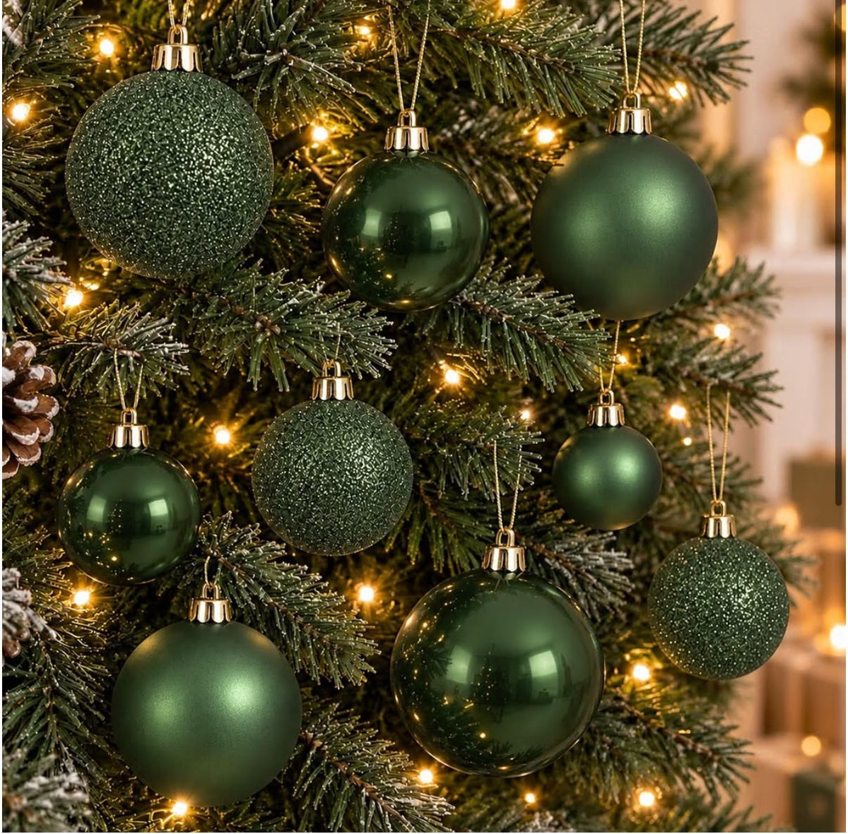 30 pine green baubles - round bauble decorations - christmas tree hanging ornament - 4cm 40mm 5cm 50mm 6cm 60mm baubles - matt, glitter & gloss finis