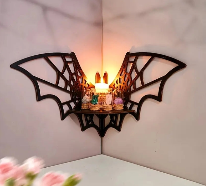A Wooden Butterfly Corner Shelf with a Right Angle, Wall Mounting, Resembling a Bat