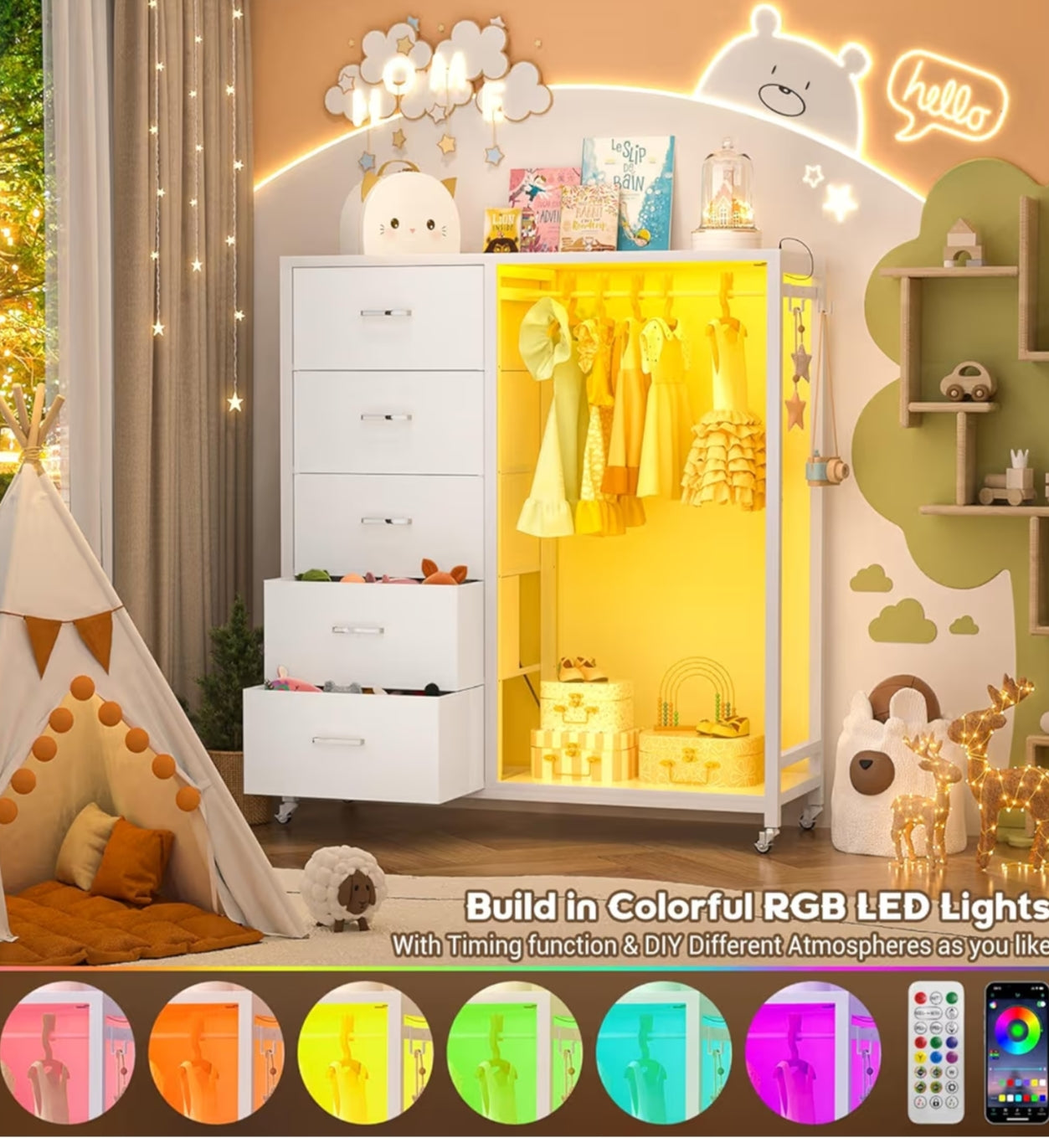 2 in 1 Chest of Drawers, Dresser for Bedroom,5 Fabric Drawers Dresser with LED Lights & Charging Station,Open Wardrobe with Clothes Rack,