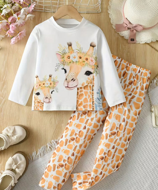 Young Girl Giraffe and Floral Print Long Sleeve T-Shirt and Pants Set, Kids Spring/Autumn Casual 2pcs Outfit, Perfect for Outdoor